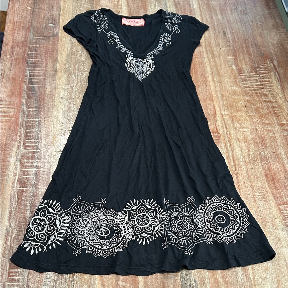 Vintage Johnny Was Embroidered Black Deep V-Neck Cotton Modal Midi Dress